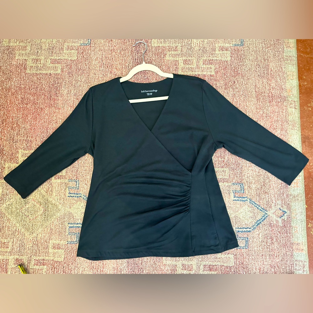 Soft surroundings faux wrap v neck knit jersey 3/4 sleeve top black large